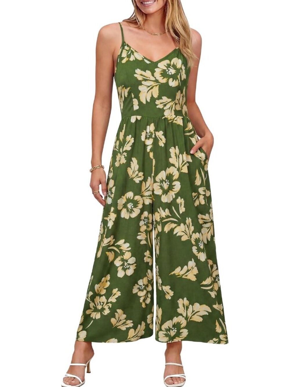 Women's Summer Floral 14 Spaghetti Strap Smocked Long Rompers with Pockets